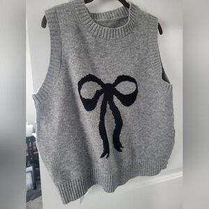 Gray Knit Sweater Vest with Black Bow